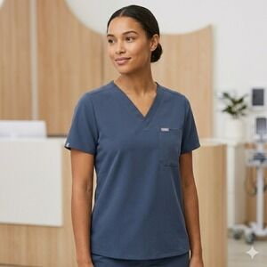 New FIGS Catarina One Pocket Scrub Top Women XL Dark Harbor Blue VNeck Technical